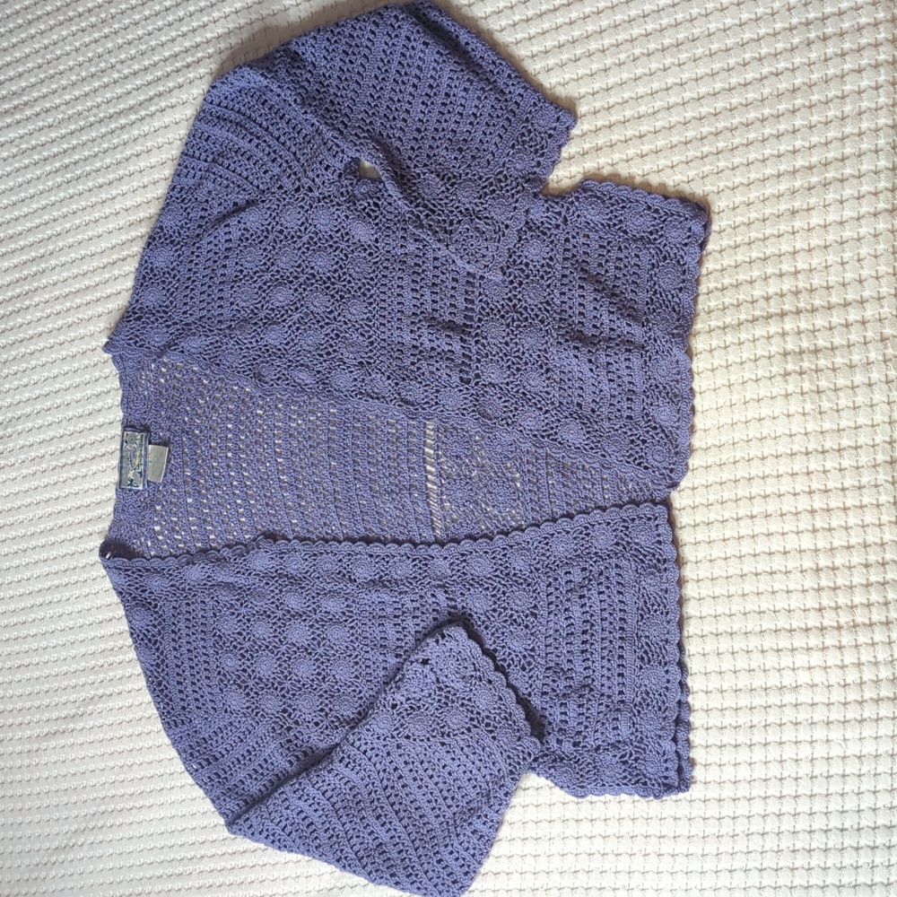 April Cornell Lavender Crochet Open-Front Cardigan